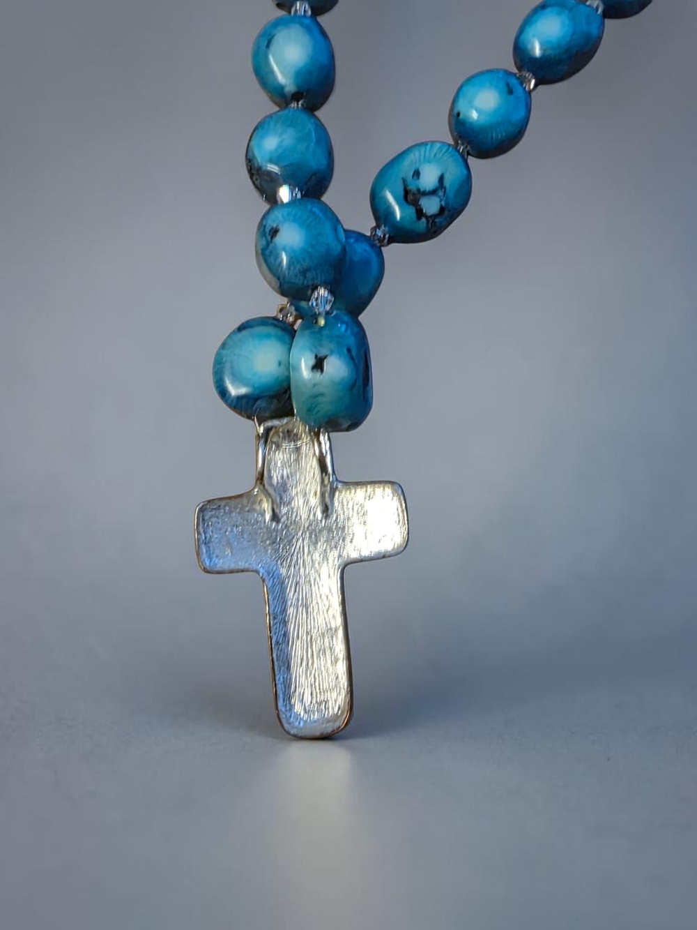 Blue Turquoise Stone Bead Necklace Hammered Cross - Picture 4 of 5